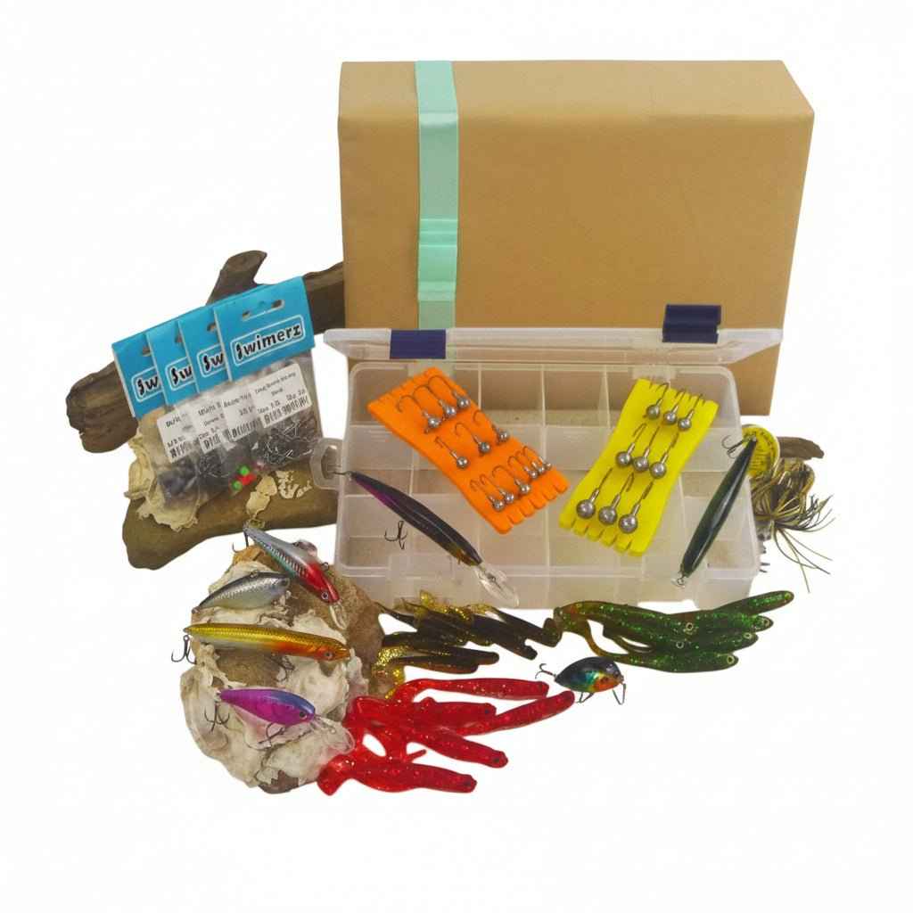 Fishing lure and terminal tackle kit with clear organizer box, soft plastics, hooks