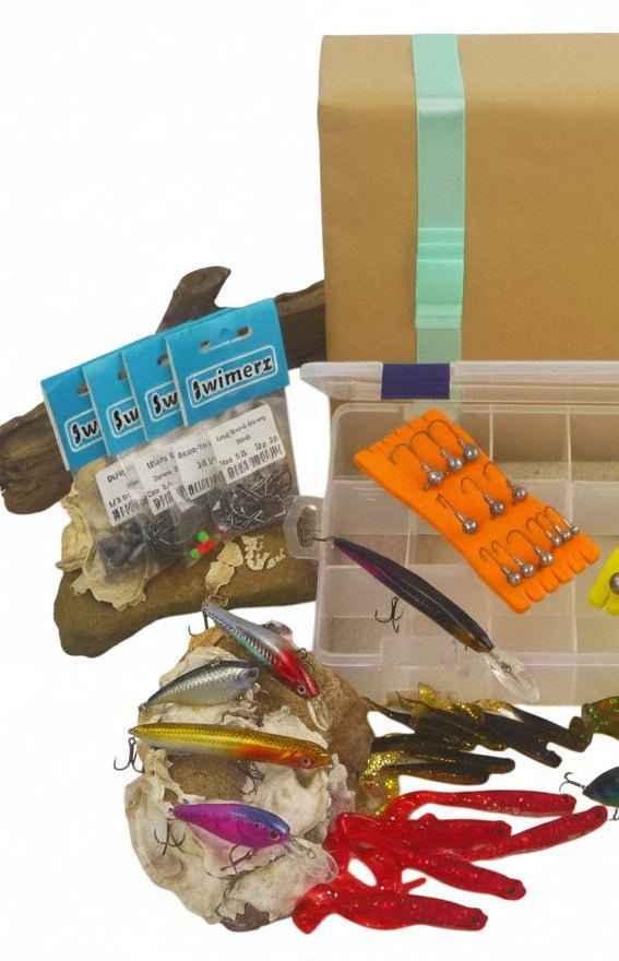 Fishing tackle gift kit with clear organizer, orange lure tray, soft plastic baits