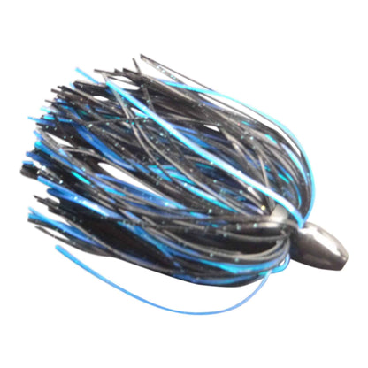 Tungsten jig head with blue and black skirt strands, curved hook nose