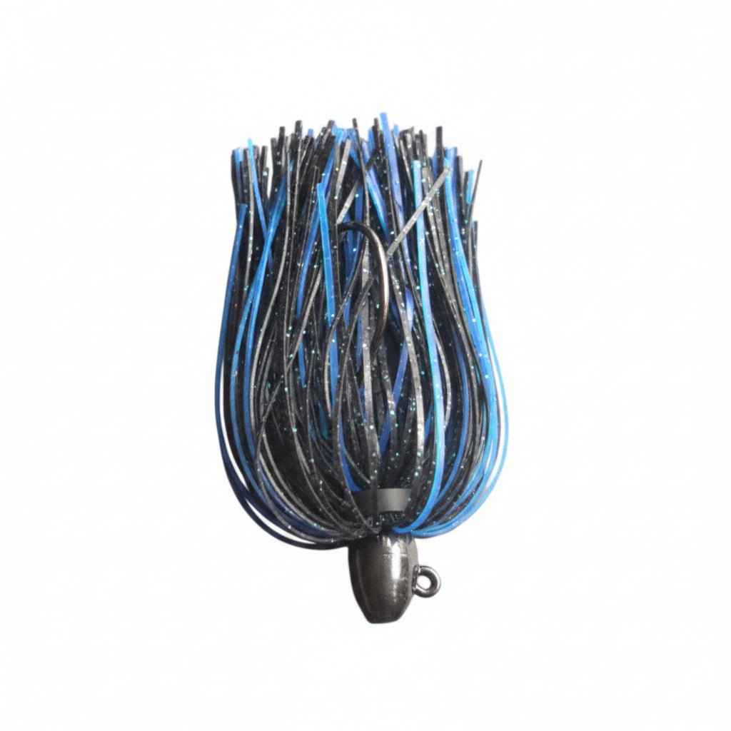 Tungsten jig head with blue-black skirt strands and visible hook, teardrop head