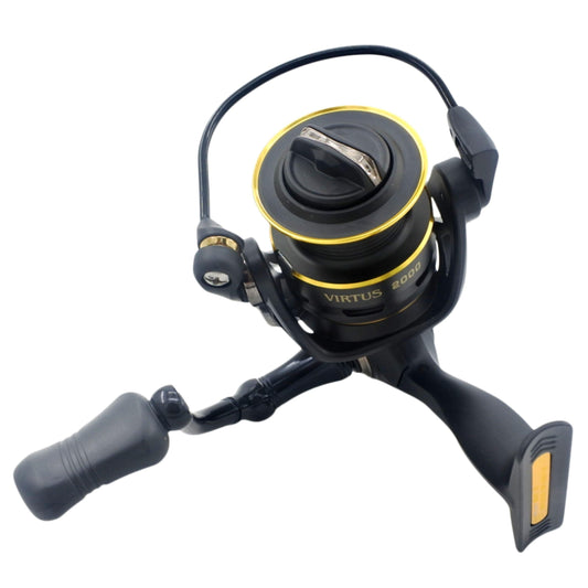 Ryobi Virtus spinning reel, front view with gold-ring spool and curved bail