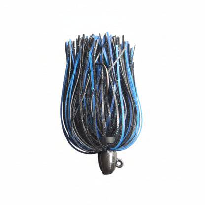 Skirted jig head with dark blue and black strands, with eyelet hook