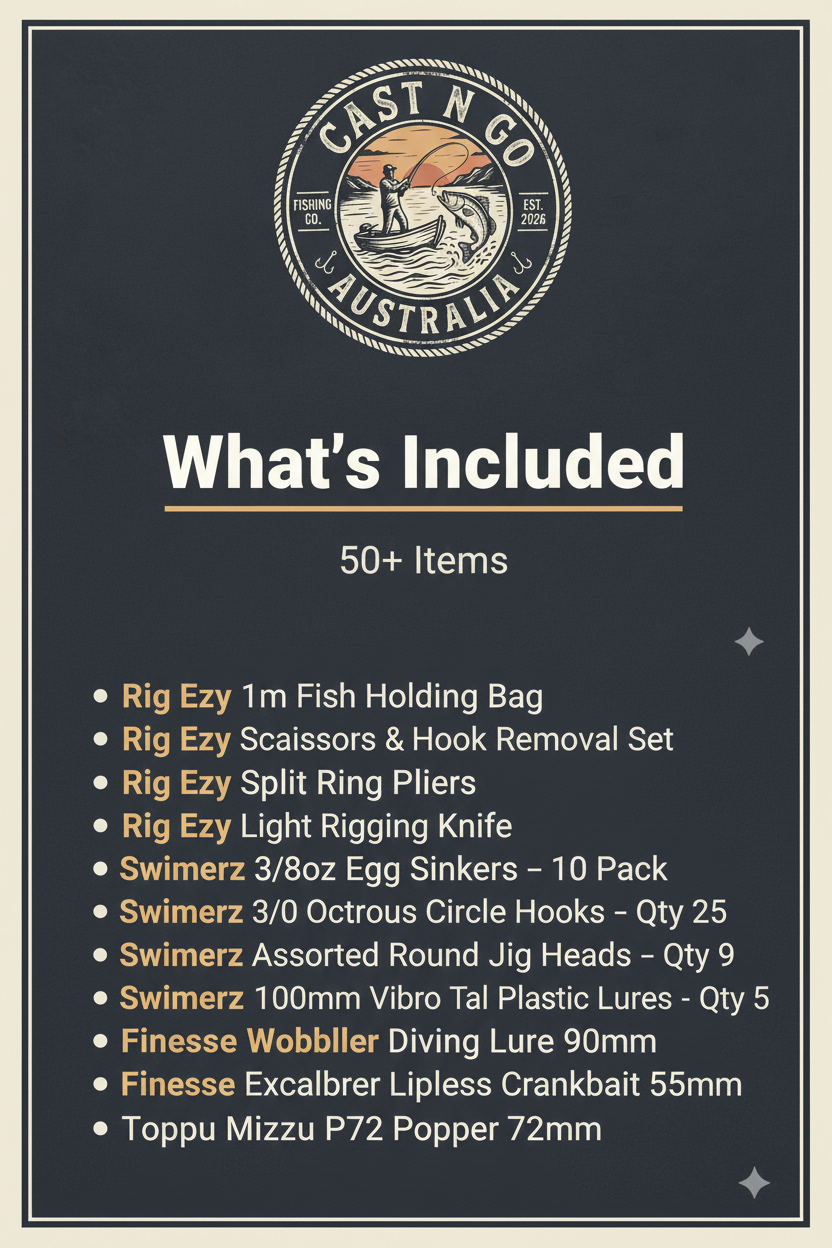 Fishing gift set inclusion card reading 50+ items and list of tackle and lures