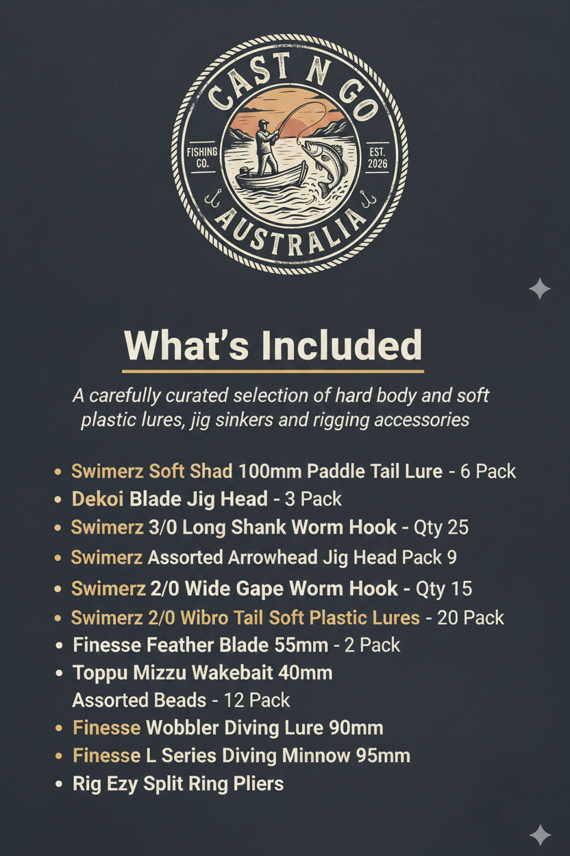 Fishing tackle gift set contents list card with item descriptions and quantities