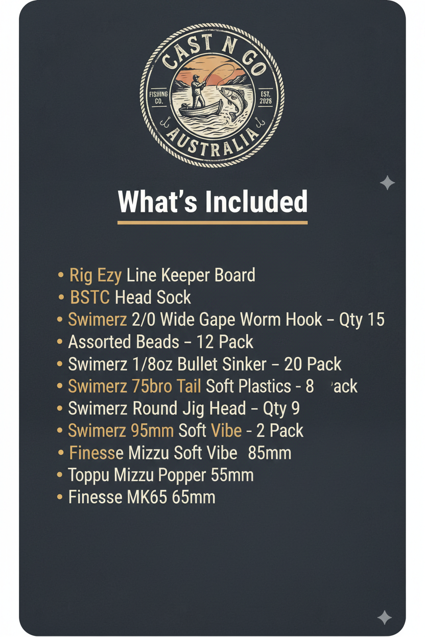 Fishing gift set contents card labeled “What’s Included” with item list