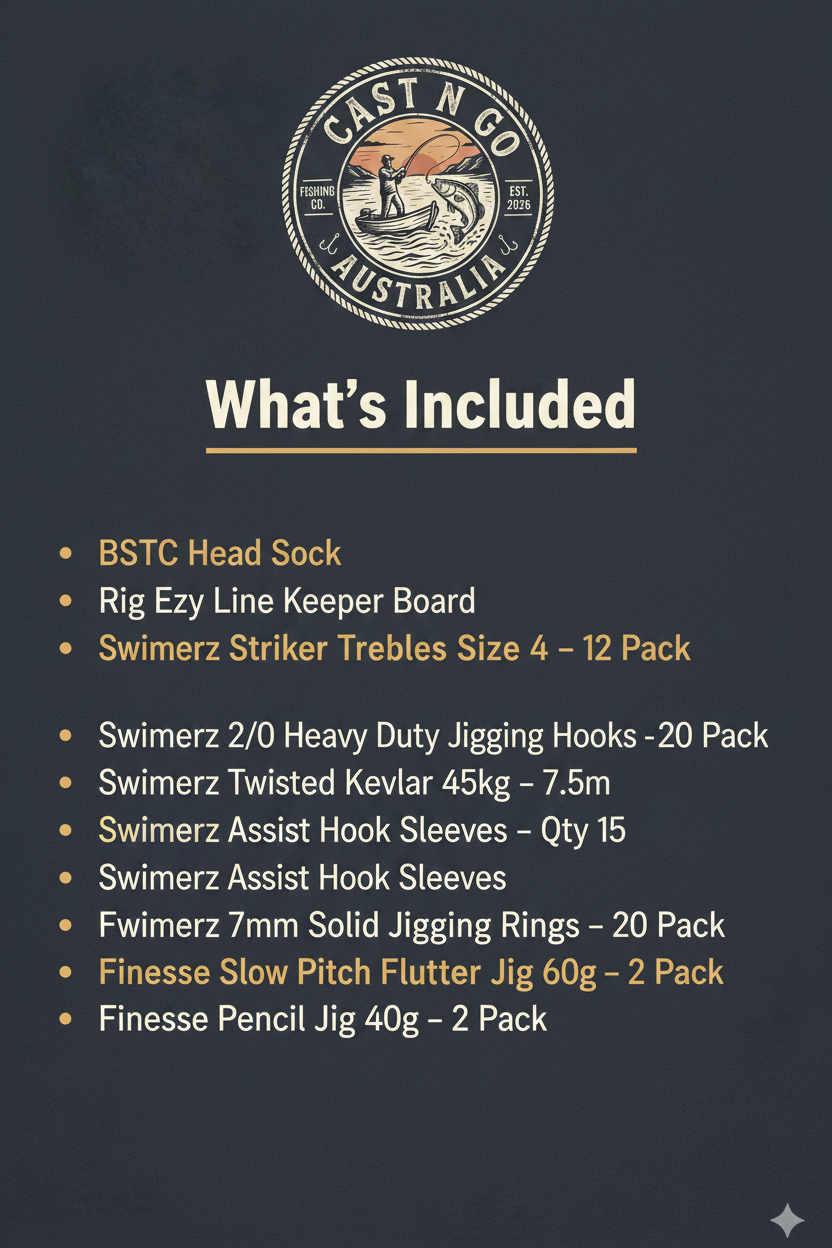 Fishing jig gift pack contents list card with treble hooks and jig sizes