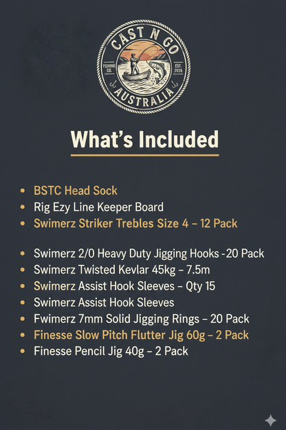 Fishing jig gift pack contents list card with treble hooks and jig sizes