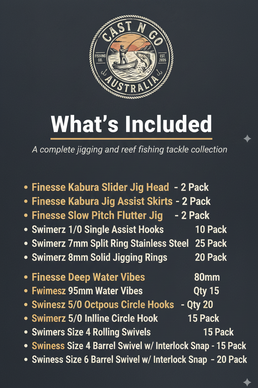 Reef fishing tackle gift set contents list on a card, shown vertically