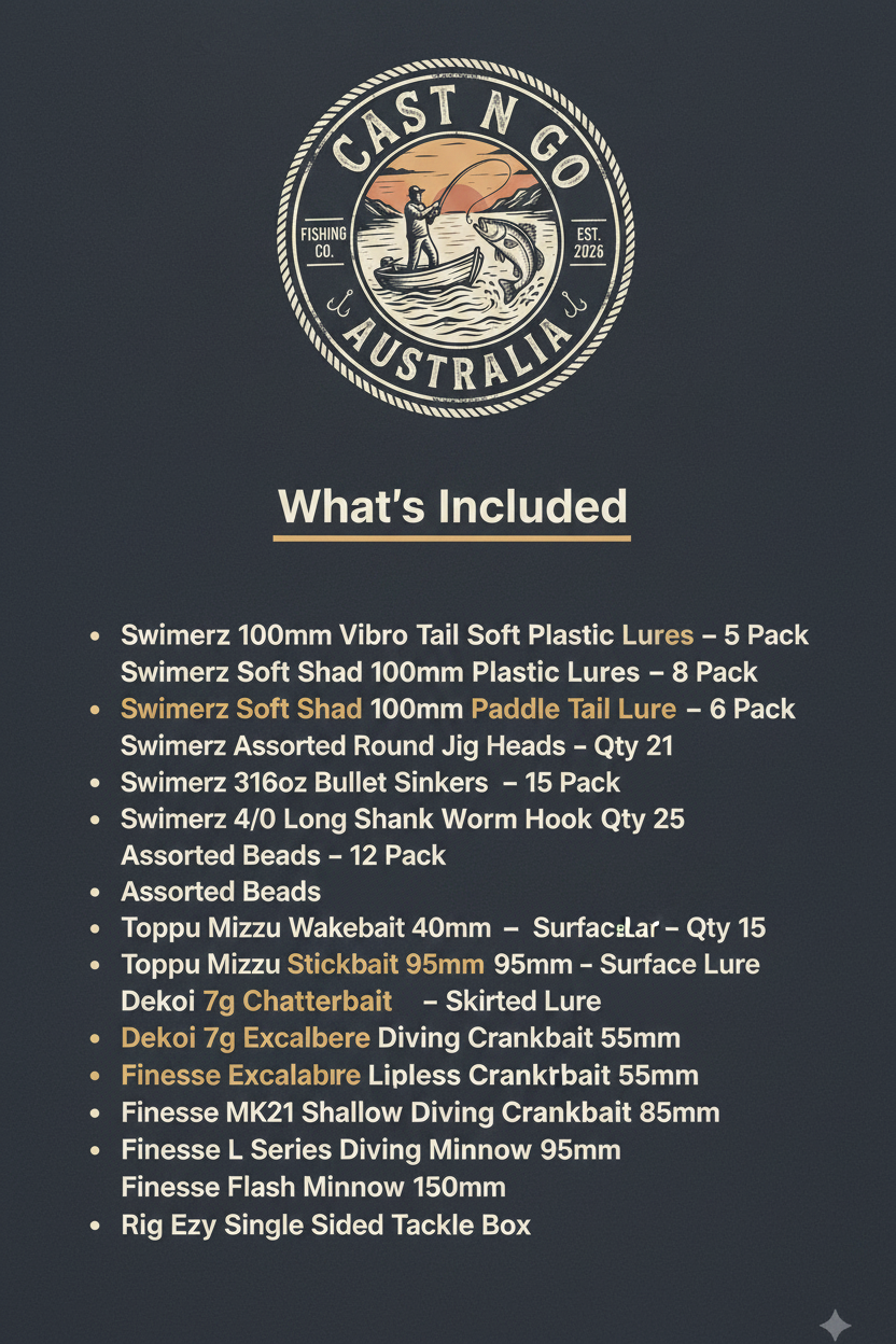 Fishing gift pack tackle set contents list, hard baits and soft plastics