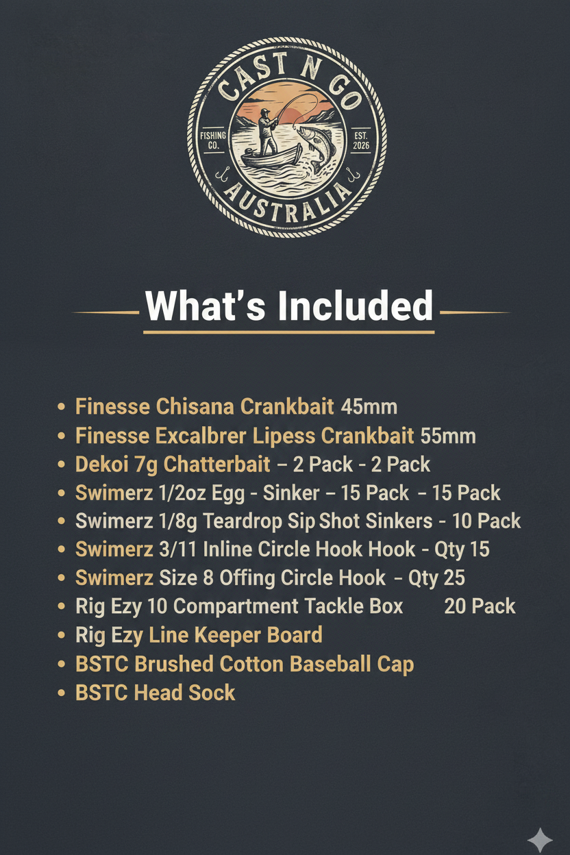 Fishing tackle gift box contents list with crankbaits, hooks, line, and tackle items