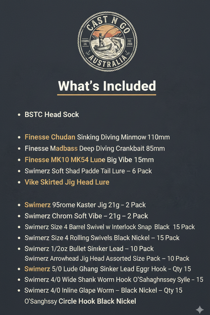 Fishing gift box contents list with lure and tackle item details