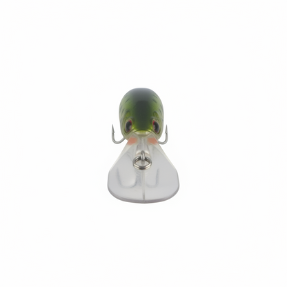 Olive camo diving fishing lure with front diving lip and twin treble hooks