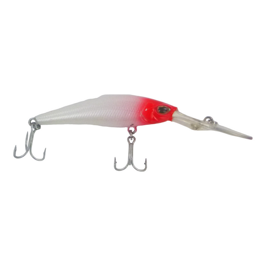 Red-head diving lure with white body and two treble hook sets