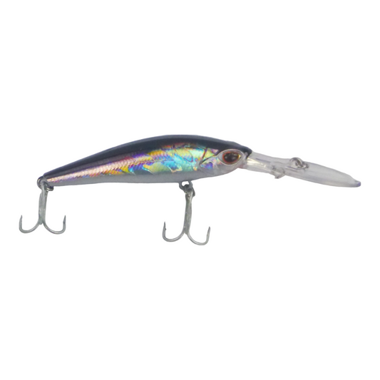 Fishing diving lure with rainbow sides, clear lip, and two treble hooks