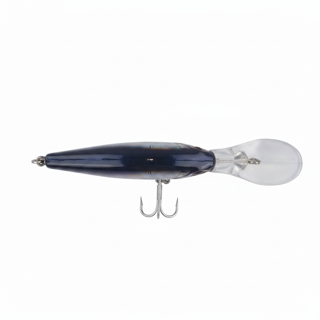 Fishing diving lure with dark blue back, clear lip, and two treble hooks