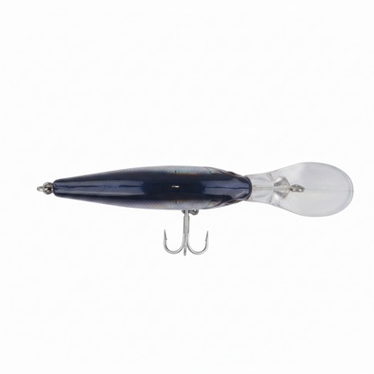 Fishing diving lure with dark blue back, clear lip, and two treble hooks