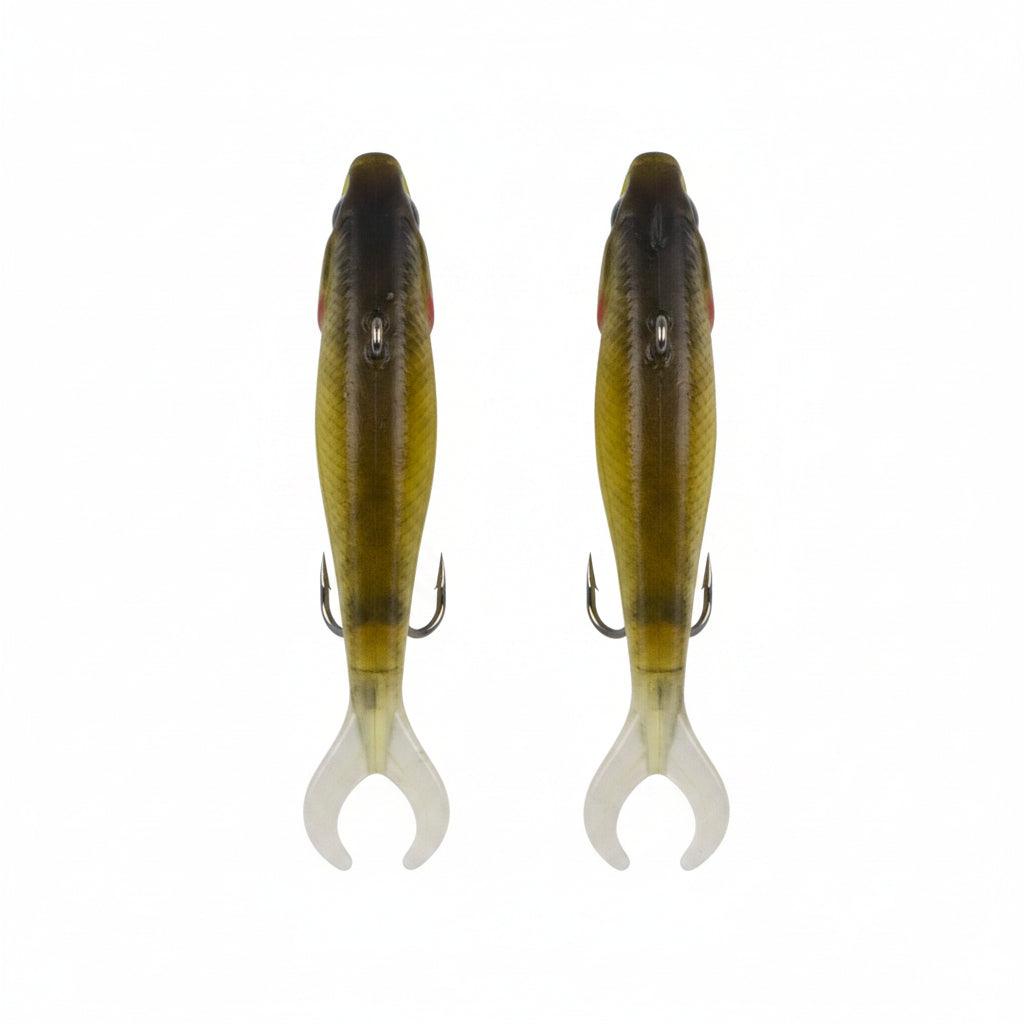 Fishing lure pair with olive-yellow bodies, hanging hooks, and white tail fins