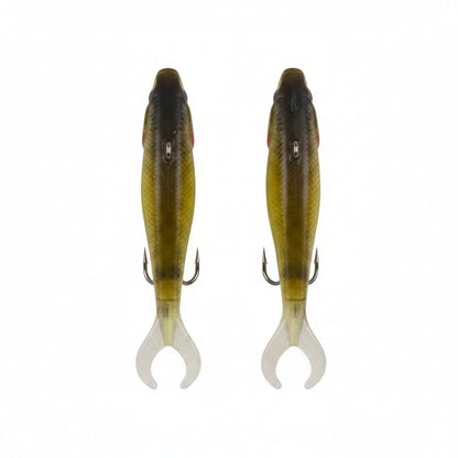 Fishing lure pair with olive-yellow bodies, hanging hooks, and white tail fins