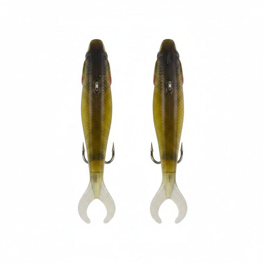 Fishing lure pair with olive-yellow bodies, hanging hooks, and white tail fins